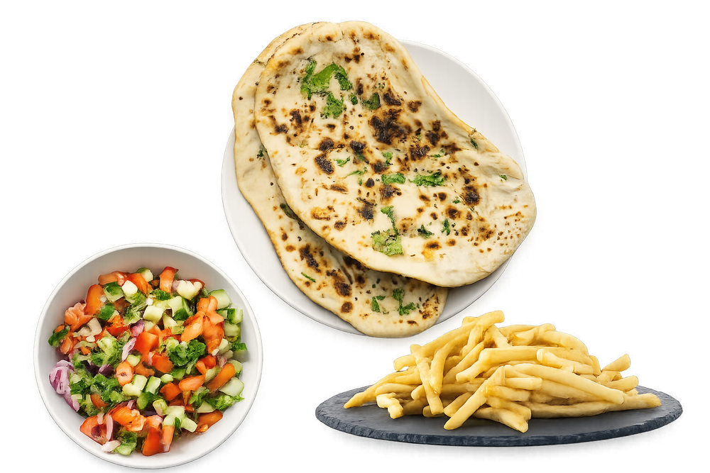 Fresh naan, salad and chips